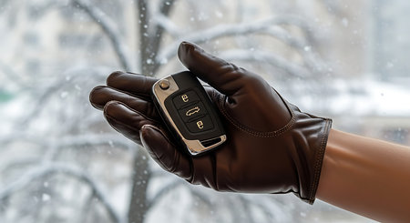 Close up of woman hand in leather glove holding car key with winter backgroundの素材