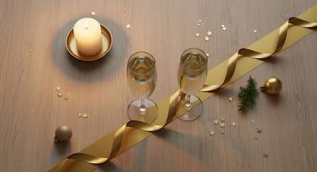 Two glasses of champagne with golden ribbons and Christmas decorations on a wooden backgroundの素材