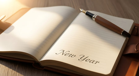 Notebook and pen on wooden table with text written New Year.の素材