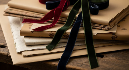 Old books with ribbons on a wooden table. Selective focus.の素材