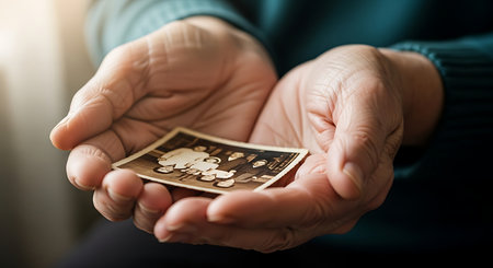 Hands of an elderly woman holding a money in her hands.の素材
