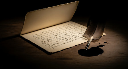 Quill pen and inkwell on a wooden table. Toned.の素材