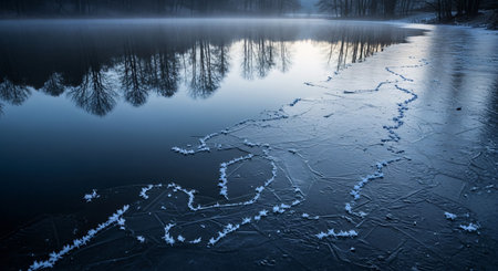 Winter landscape with frozen lake and reflection of trees in the water.の素材