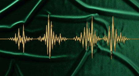 Electrocardiogram on green satin fabric, abstract backgroundの素材