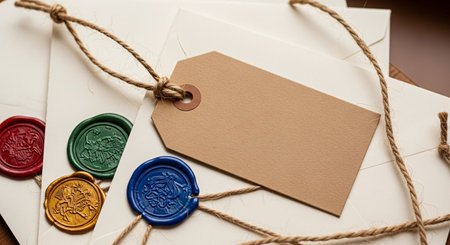 Envelopes tied with rope and wax seal on wooden background.の素材