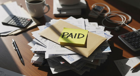 Pile of papers with the word Paid on the office desk.の素材
