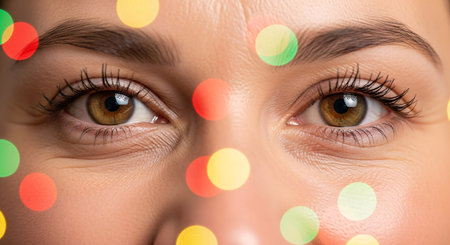 Close up of beautiful woman's eyes with colorful bokeh effectの素材