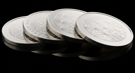 Stack of silver coins isolated on black background. 3D illustration.の素材
