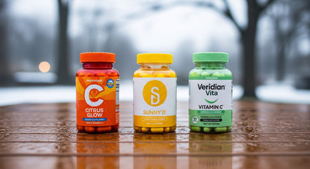 Bottle of Vitamin C tablets on a wooden table.の素材