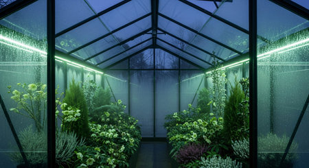 3D rendering of a greenhouse with green plants and neon lights at nightの素材