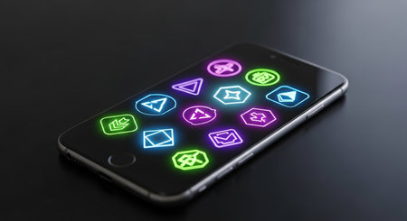 Mobile phone with email icons on the screen. 3d illustration.の素材