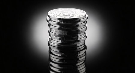 Stack of coins on a black background. Black and white photo.の素材