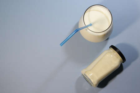 Kefir drink with on the white background with copy space. Top view, copy space.の写真素材