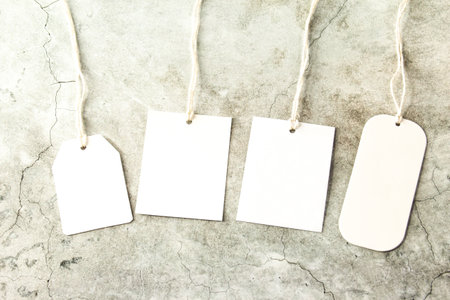 ectangle tag mockup, square tag mockup with white card. Blank paper product tagsの写真素材