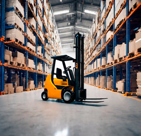Forklift loader in warehouse. Logistics and transportation of goodsの素材