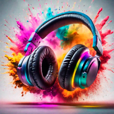 Headphones with colorful splashes on white background. Music concept.の素材