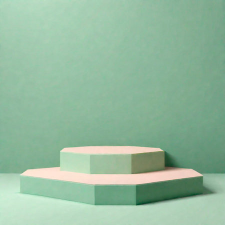 An empty green podium pedestal stands against a pure green background, creating a minimalist and captivating setting for product presentation.の素材