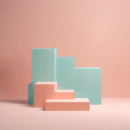 An empty pink and blue podium pedestal stands against a pure pink background, creating a minimalist and captivating setting for product presentation.の素材