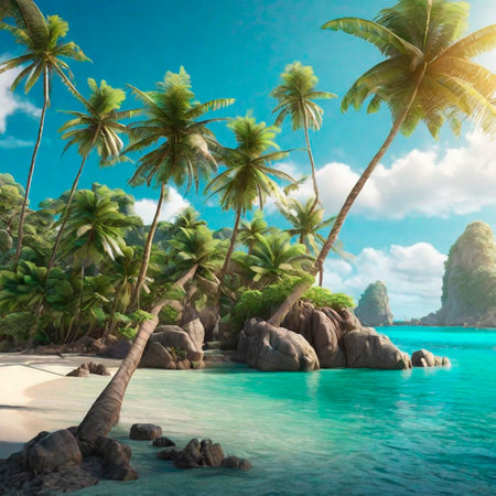 Tropical island with palm trees and turquoise sea.の素材