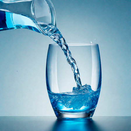 Pouring water into a glass on blue background, close-upの素材