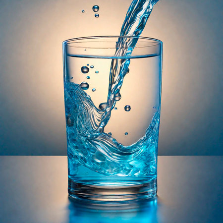 Water pouring into a glass with water splashes on blue background.の素材