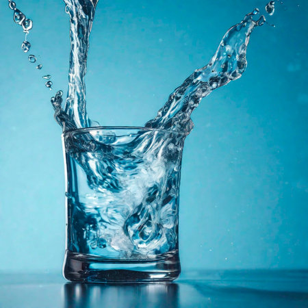 Glass of water with splashes and drops on a blue background.の素材