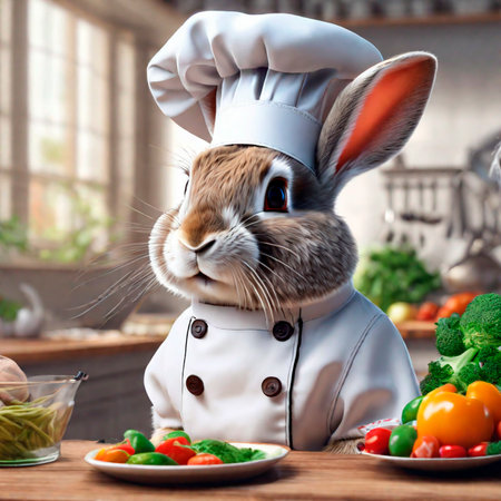 Cute rabbit in chef's hat with vegetables in the kitchen.の素材