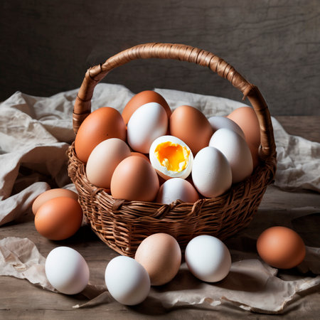 Fresh chicken eggs in a wicker basket on a wooden background.の素材