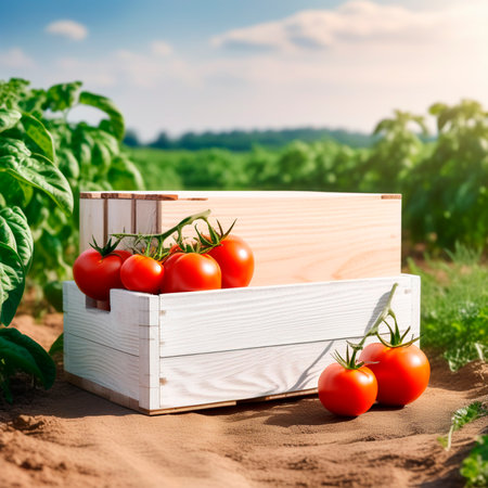 Ripe tomatoes in a wooden box on a background of green fieldの素材