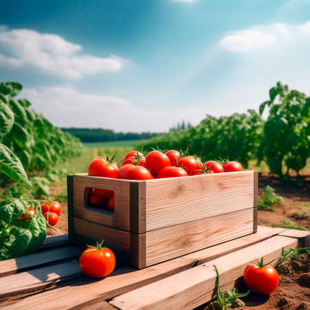 Wooden box with ripe red tomatoes on the background of the fieldの素材
