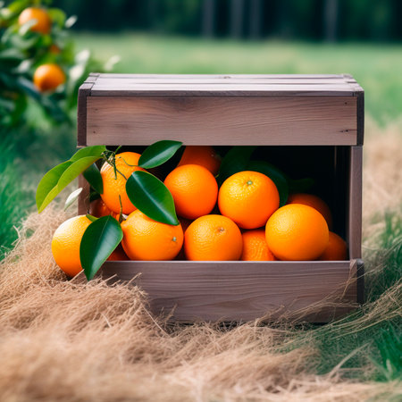 Ripe tangerines in a wooden box on a green grass backgroundの素材