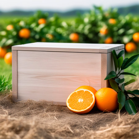 Ripe oranges in a wooden box on the background of orange fieldの素材