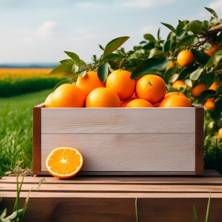 Ripe tangerines in a wooden box on the background of a fieldの素材