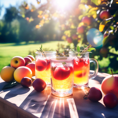 Two glasses of apple cider on a wooden table in an apple orchardの素材