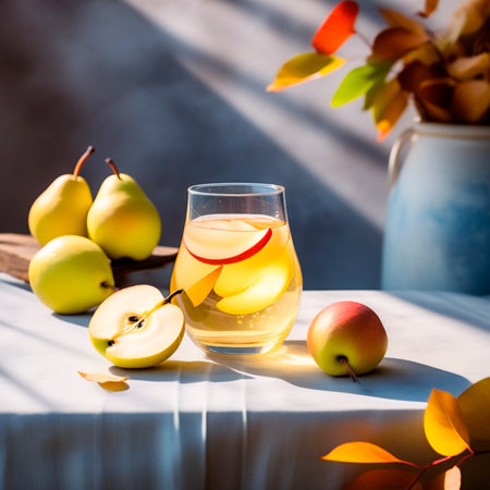 Glass of apple juice with fresh apples and pears on the tableの素材