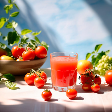 Glass of tomato juice with fresh fruits and vegetables on wooden table.の素材