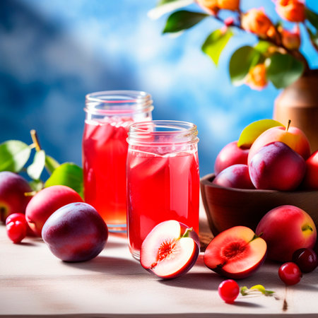 Homemade compote of fresh plums and cherries in glass jarsの素材