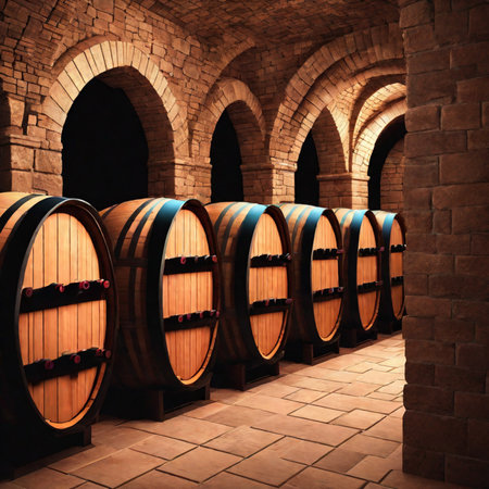 Wine barrels in the cellar of a winery. 3d renderingの素材