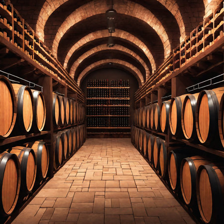 Wine cellar with wooden barrels. 3D rendering. Toned image.の素材