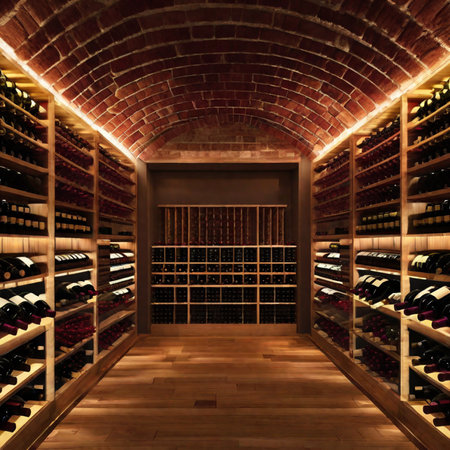 Wine cellar interior with shelves full of bottles. 3D renderingの素材