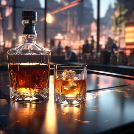 Two glasses of whiskey with ice on the bar counter at night.の素材