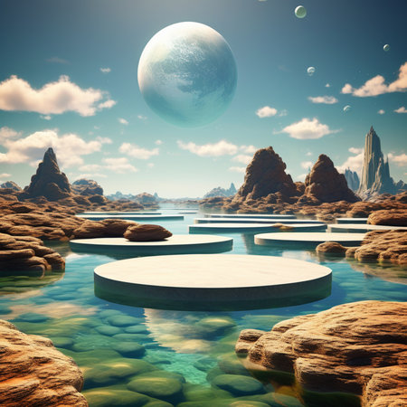 fantasy alien planet. mountain and lake. 3D illustration.の素材