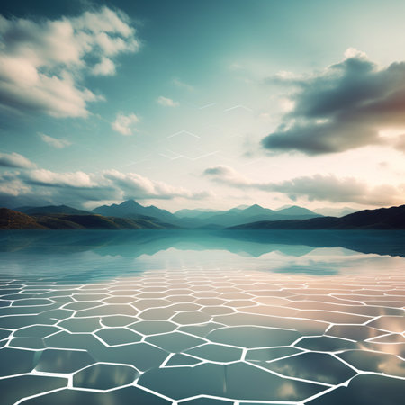 Hexagonal grid over lake and mountains at sunset. 3d renderingの素材