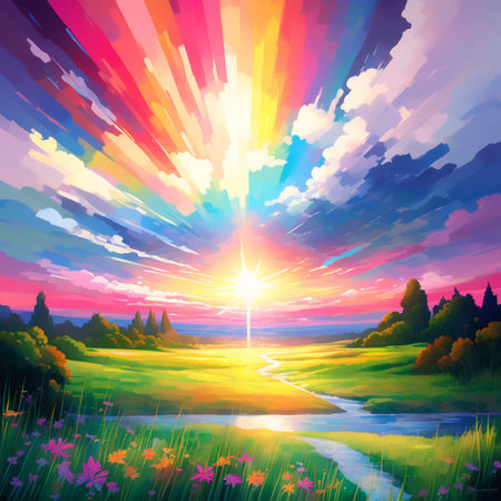 Beautiful sunset over the river and meadow. Abstract colorful background.の素材