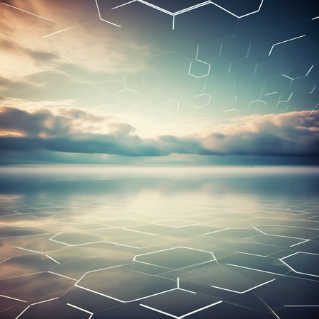 Hexagonal grid on water surface. Abstract background. 3D Renderingの素材