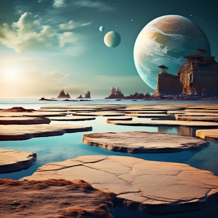 Fantasy landscape with planet Earth in water.の素材