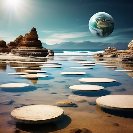Fantasy landscape with planet Earth in water.の素材