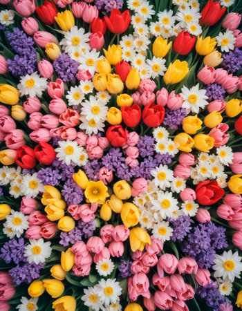 Spring background with many colorful flowers. Top down viewの素材