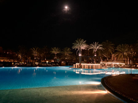 Beautiful hotel territory in the night, boutique hotel in Fujairahの写真素材