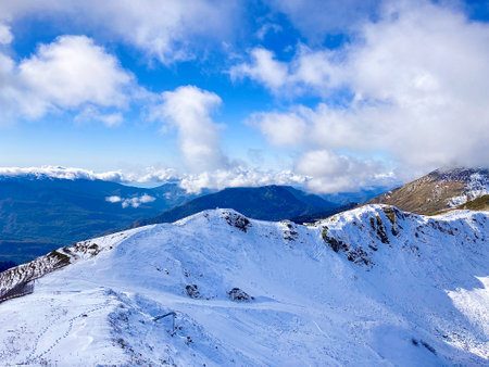 Mountain landscape, ski resort Krasnaya Polyana in Sochi. Caucasus mountains landscapes, Sochi,...